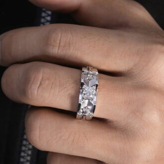 Impressive 0.5ct Moissanite Diamond with Crosses Stylish Men's White Gold Ring