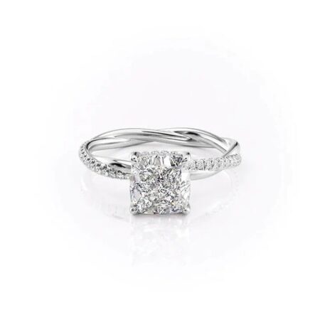 Moissanite Cushion Cut Twisted Hidden Halo Ring