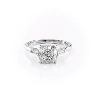 Three Stone Moissanite Cushion & Baguette Cut Engagement Ring