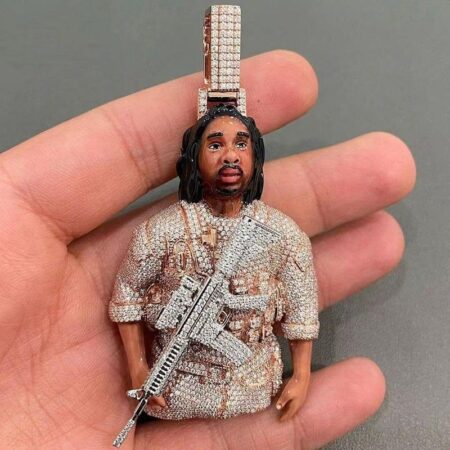 Fierce Warrior Portrait Face work Ice Out Hand Inlaid Moissanite Pendant