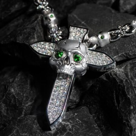 Skeleton Cross With Green Eyes Pendant