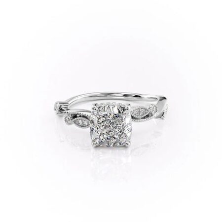 Cushion Cut Moissanite Vintage Pave Leaf Style Ring