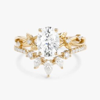 Oval Cut Moissanite Leafy White Gold Ring Set For Women