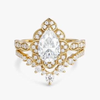 D Color Moissanite Floral Pear Cut Wedding Ring Set For Bride