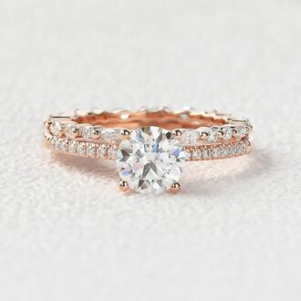 Moissanite Round Cut Pave Set Four Prong Wedding Ring Set