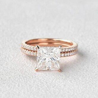 Princess Cut Hidden Halo Moissanite Ring Set For Her