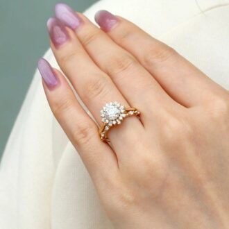 Moissanite Round & Baguette Floral Halo Wedding Ring Set