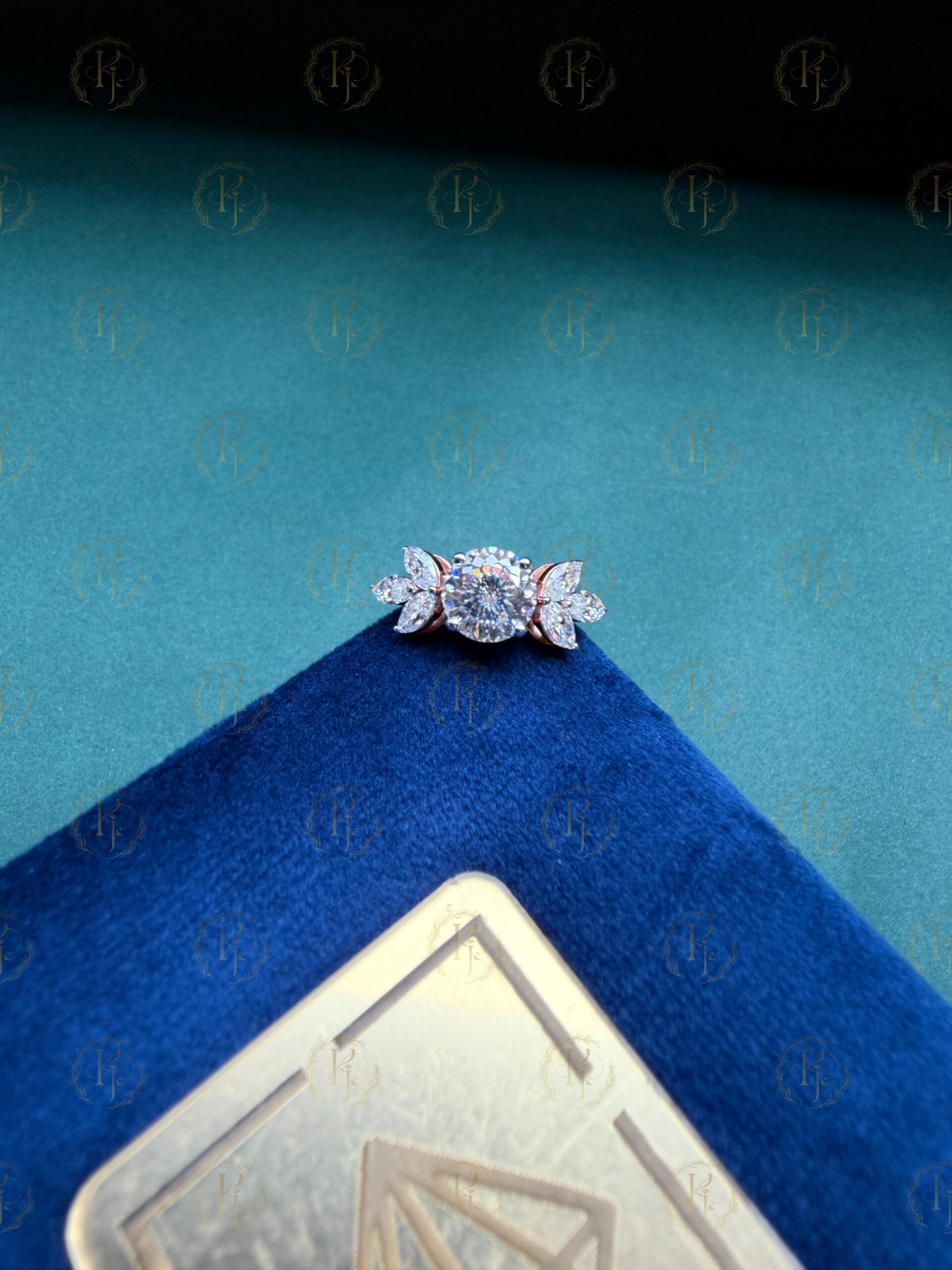 Big Round Diamond with small Marquise Diamond Ring and Rose tone