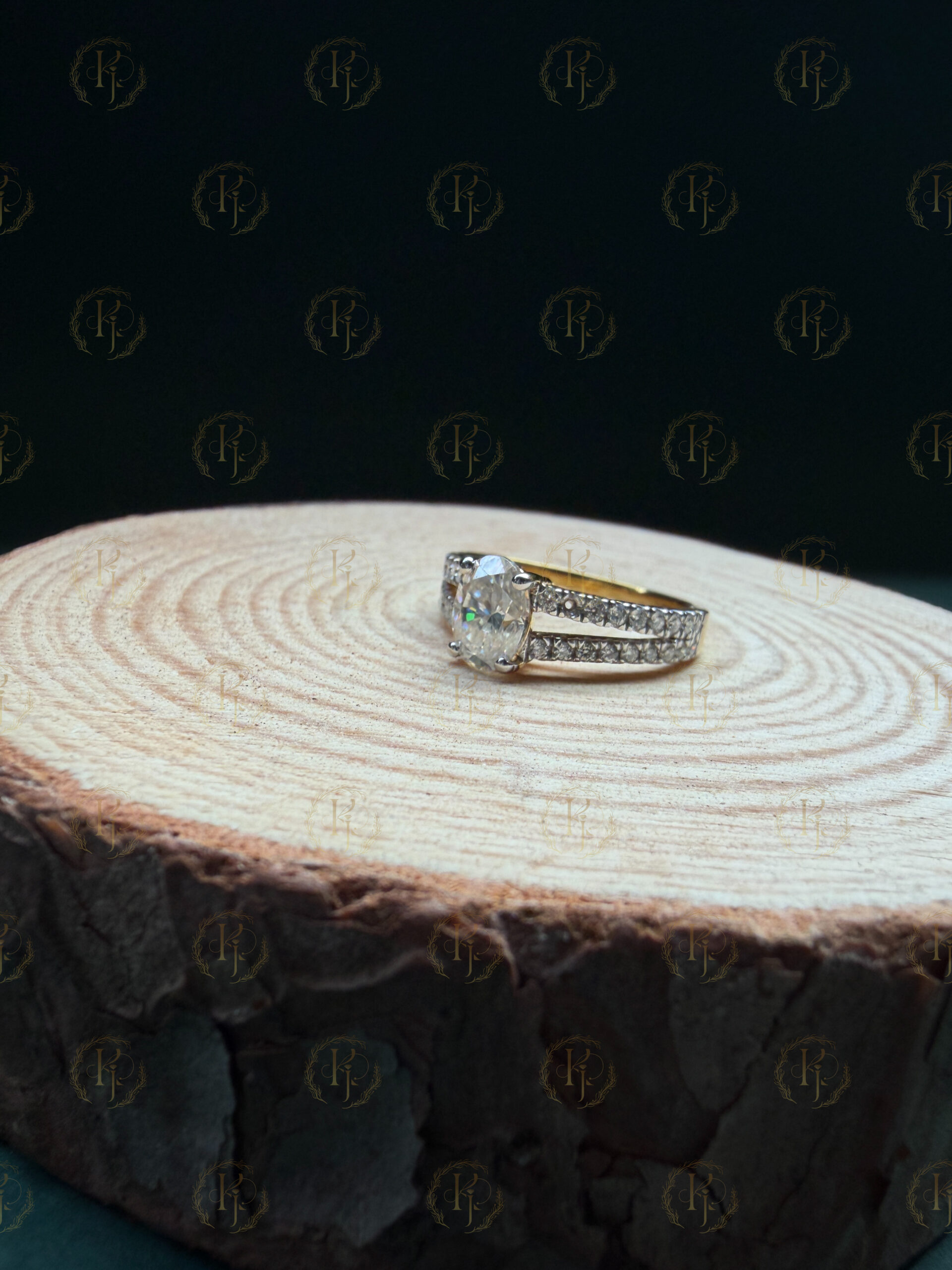 Engagement Ring with Oval shape big Diamond and Round shape small Diamond with Yellow tone - Image 2