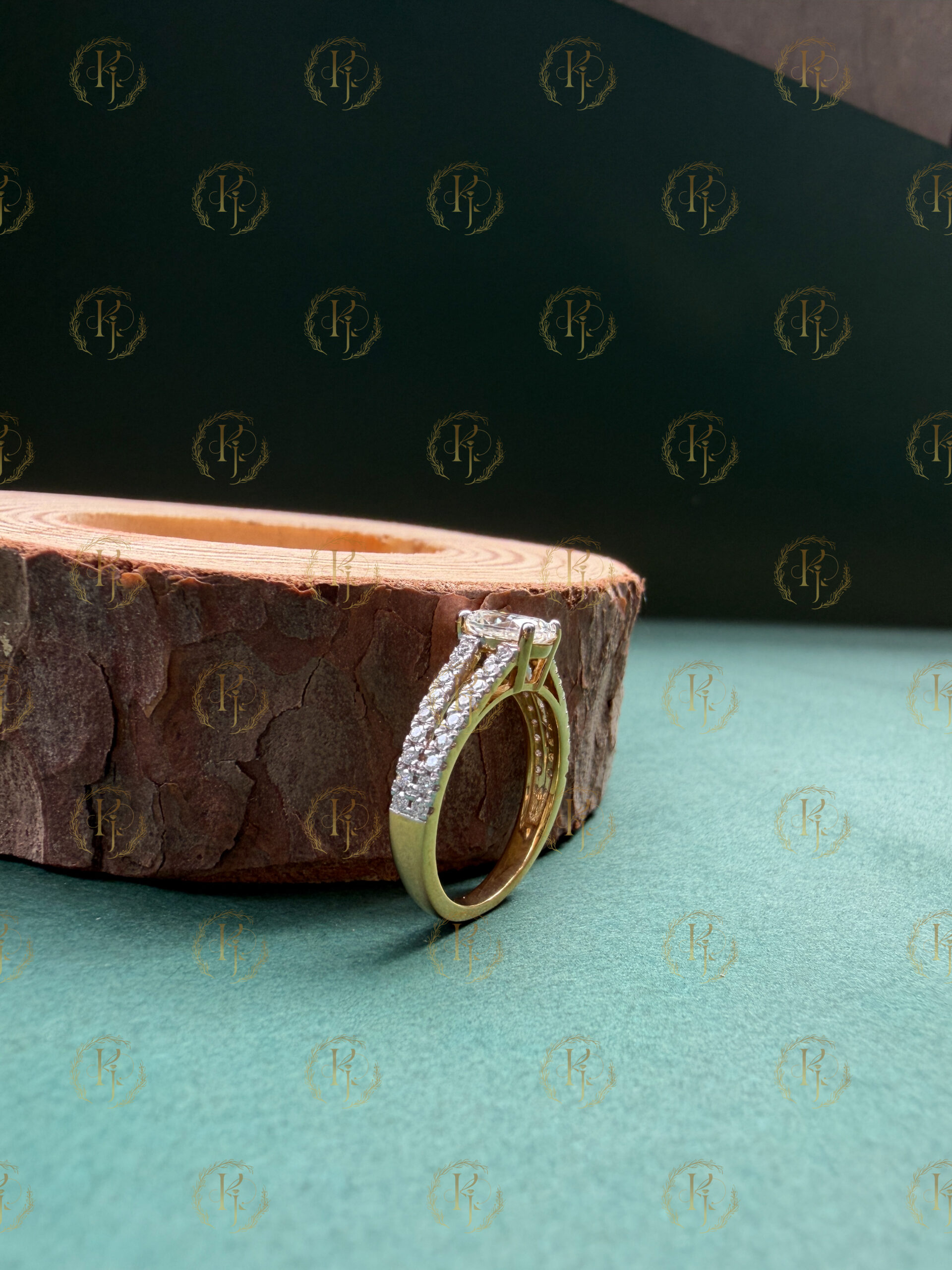 Engagement Ring with Oval shape big Diamond and Round shape small Diamond with Yellow tone - Image 3