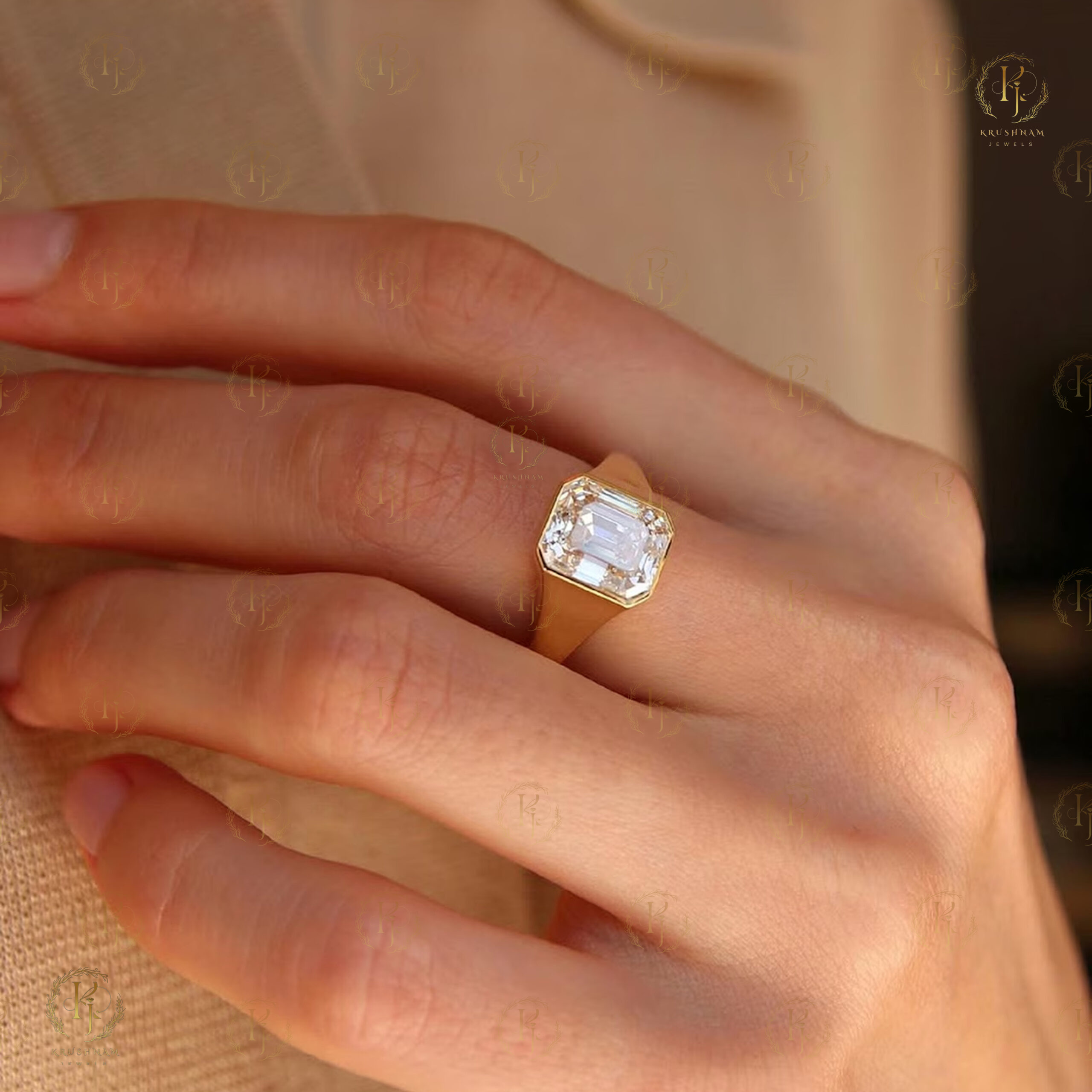 Emerald Cut Diamond Bezel Set Signet Ring