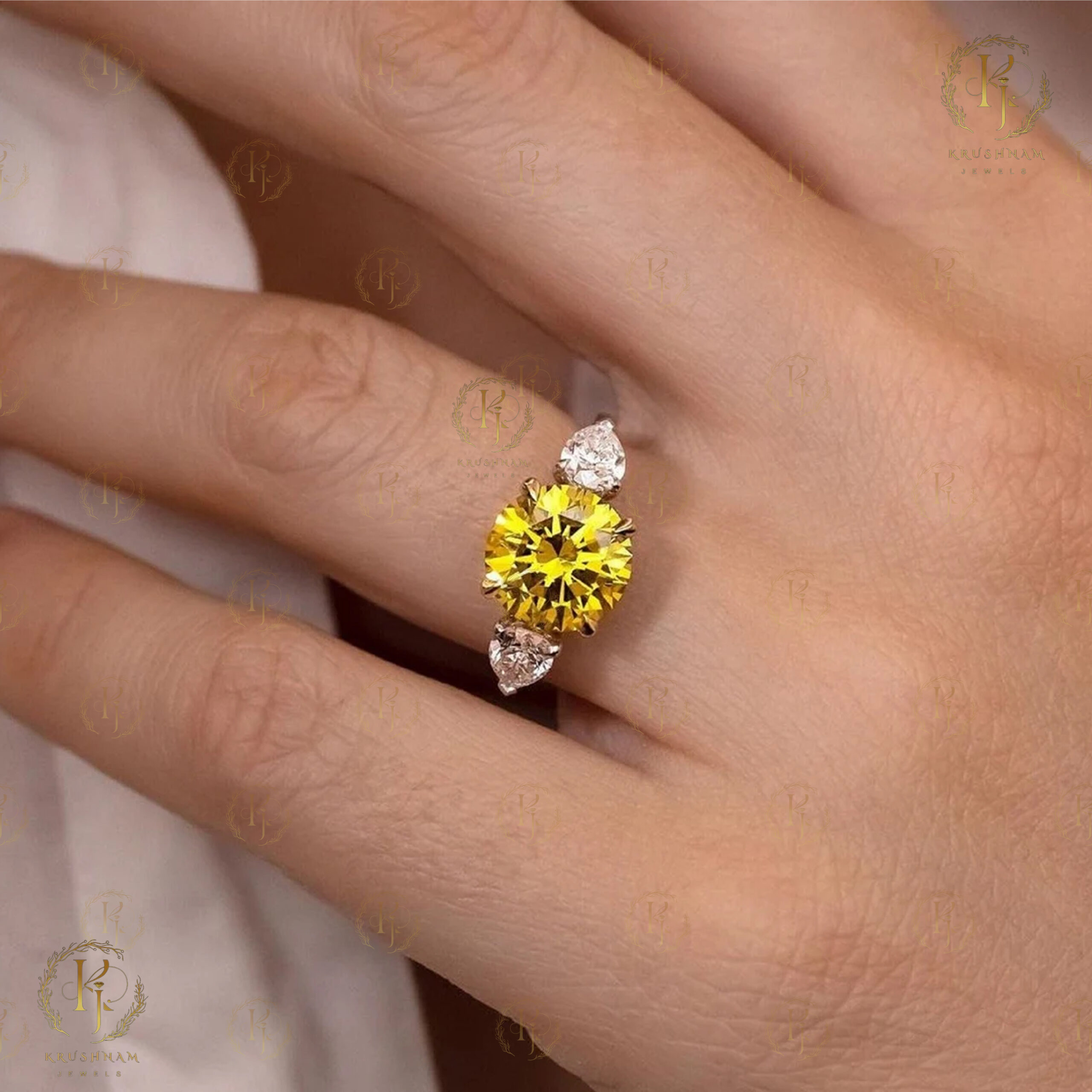 Yellow Round Moissanite Diamond with small White Oval Diamond and White tone - Image 2