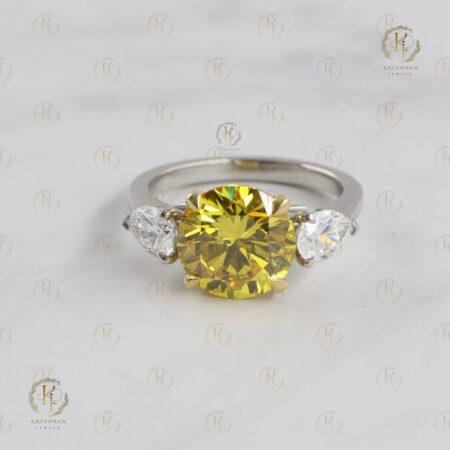 Yellow Round Moissanite Diamond with small White Oval Diamond and White tone