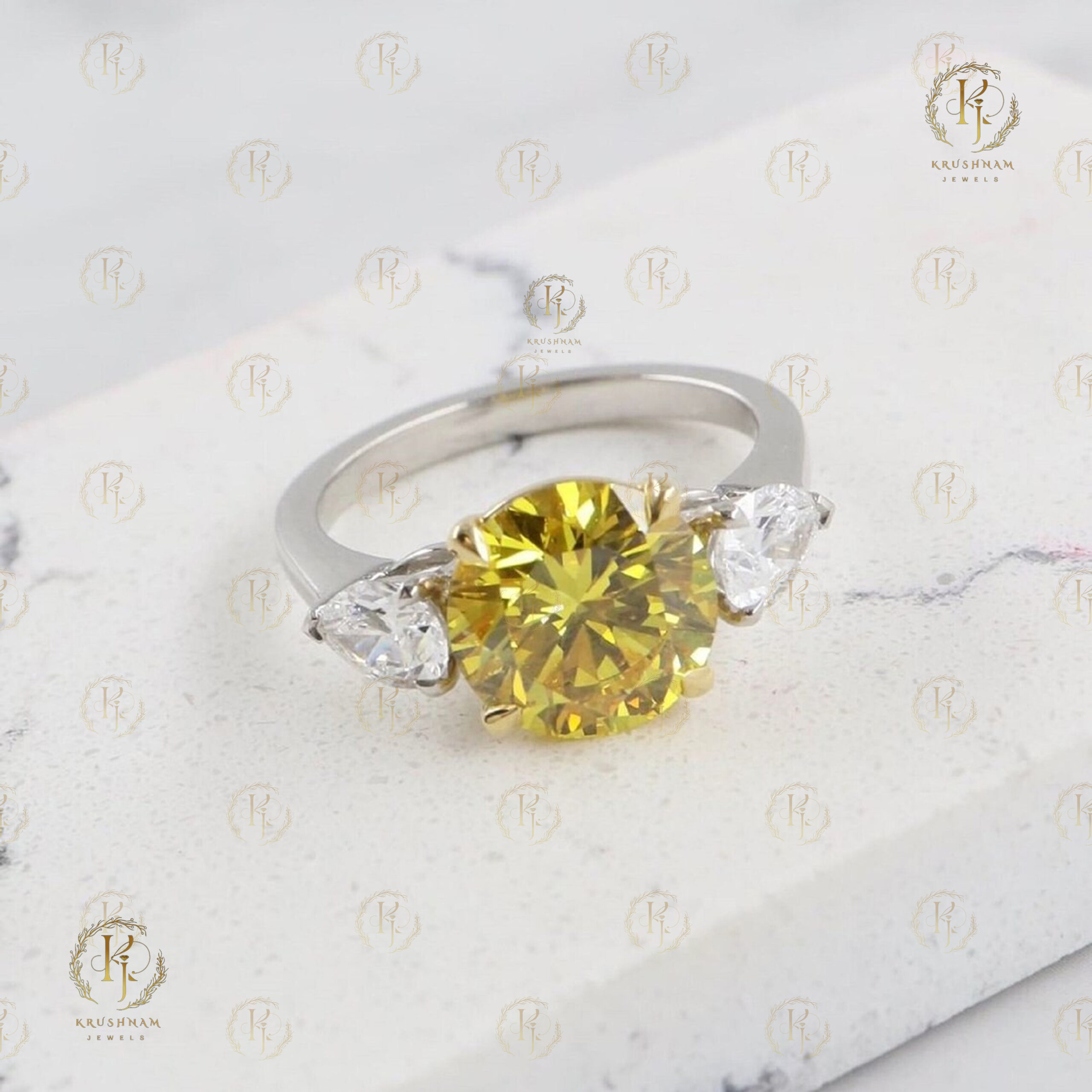 Yellow Round Moissanite Diamond with small White Oval Diamond and White tone - Image 3
