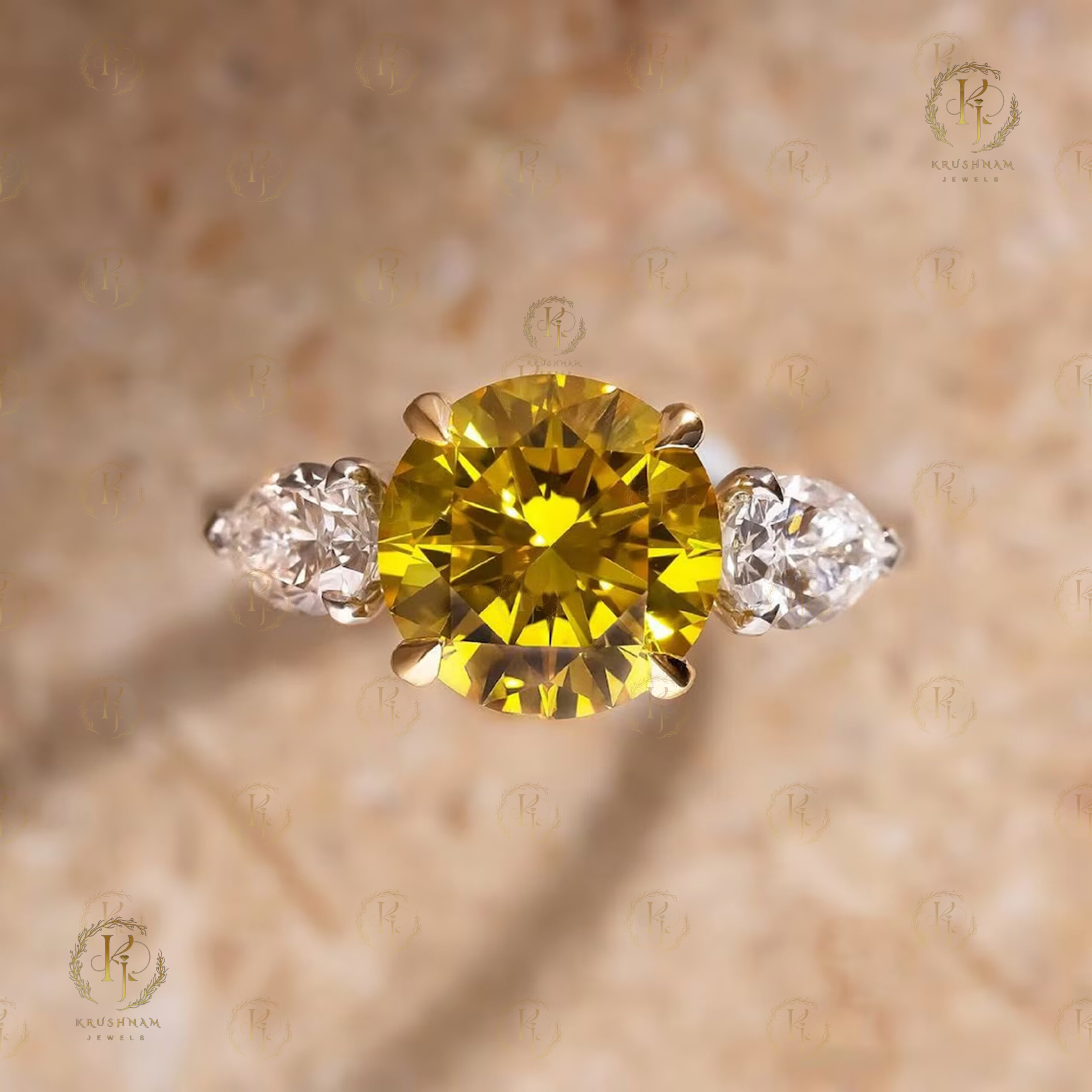 Yellow Round Moissanite Diamond with small White Oval Diamond and White tone - Image 5