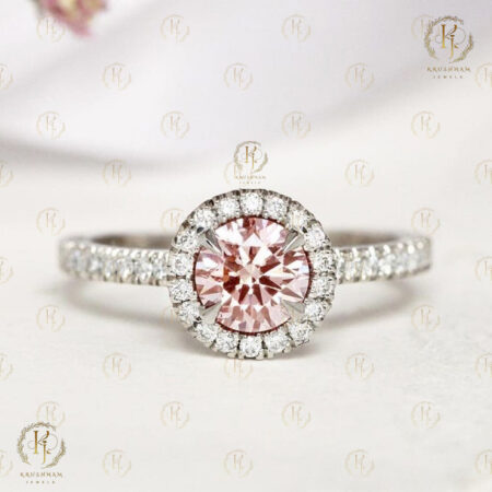 Big Pink Round Diamond with Small White Diamond Ring with White tone