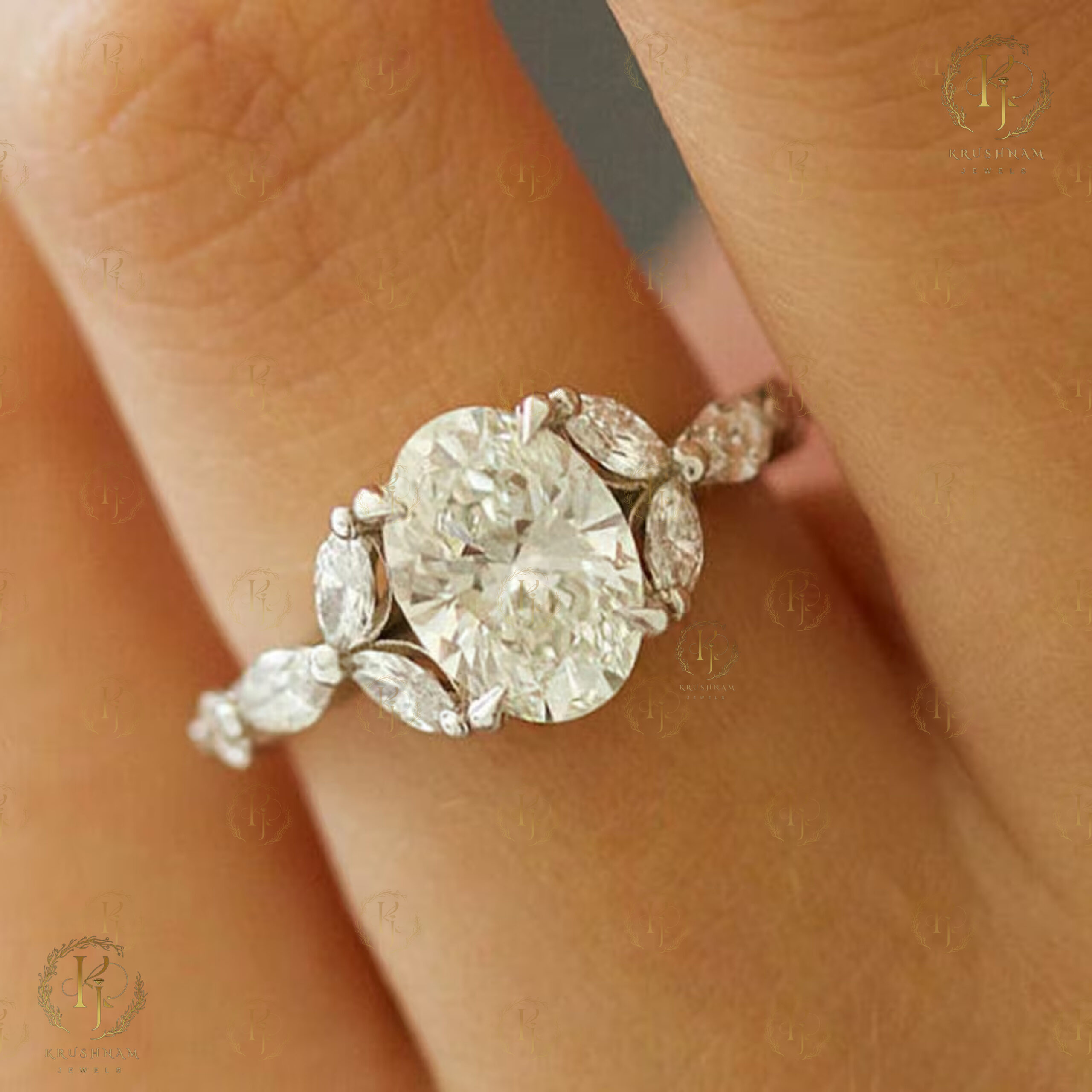 2.0 CT Oval Diamond Engagement Ring, Marquise Side Stones