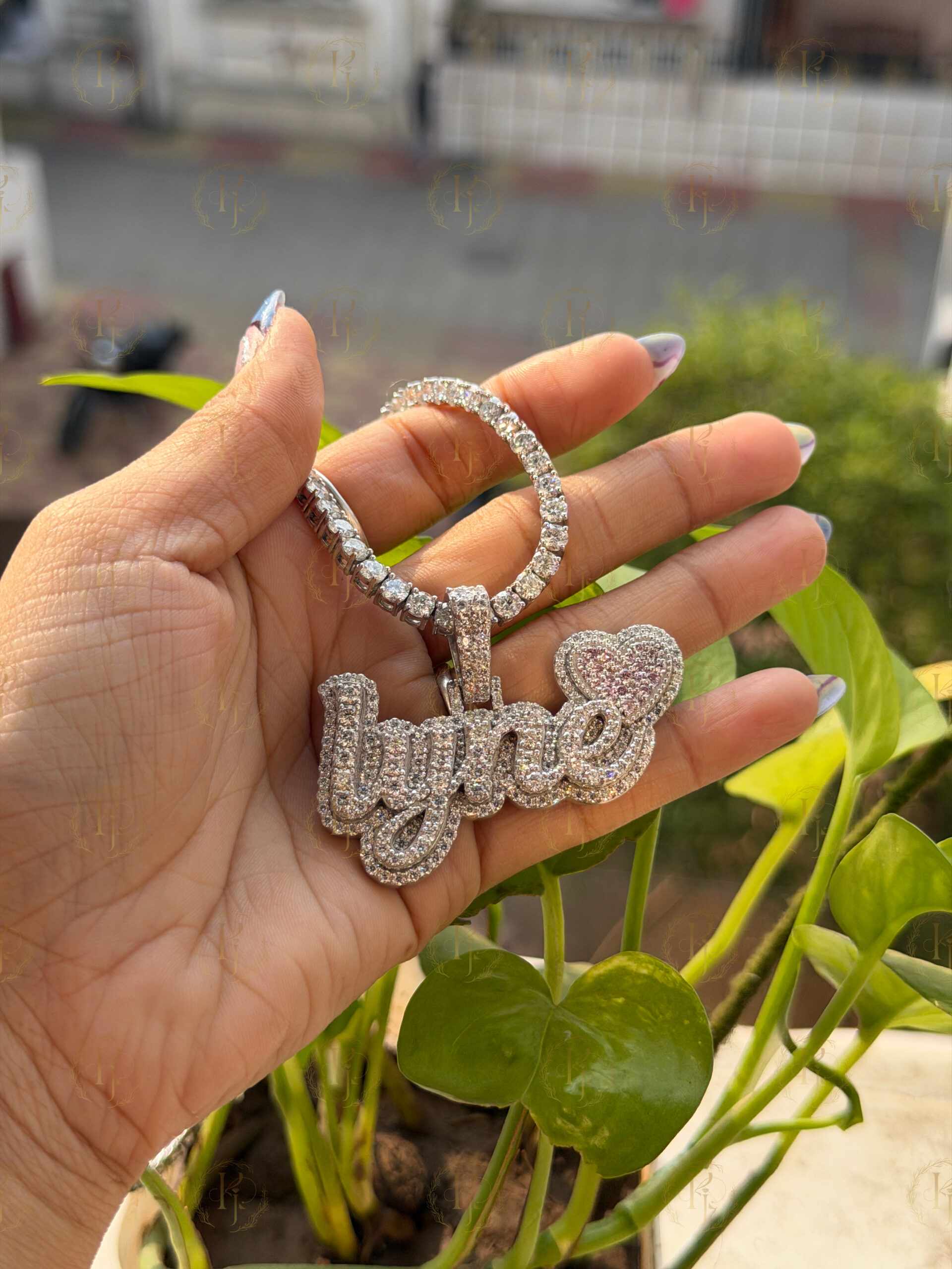 Custom Pendant of "lynne" letter with Pink diamond heart and white tone - Image 6