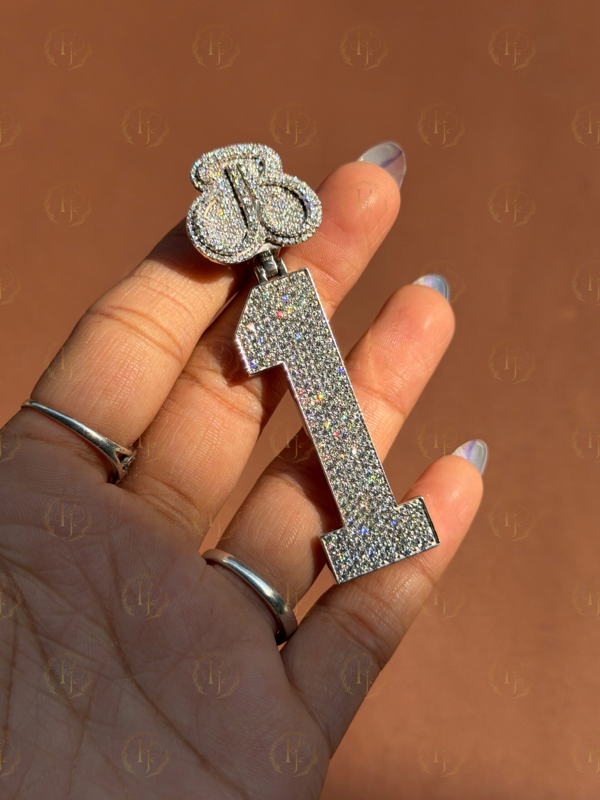 Custom Pendant of “1” number with "JB" letter on Bail and white tone - Image 8