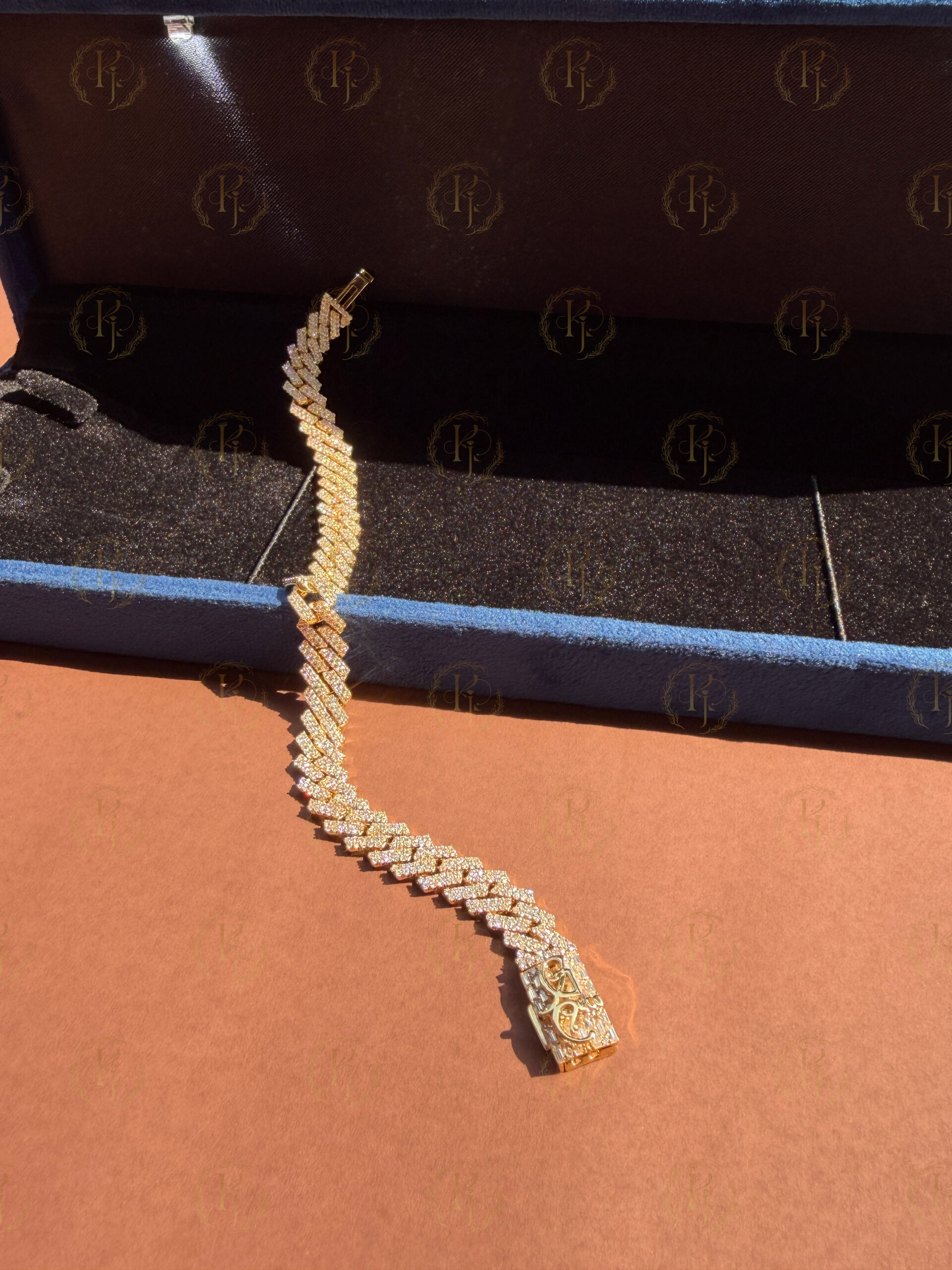 Custom Cuban bracelet with 10ct Real Gold and Moissanite Diamond and logo on lock