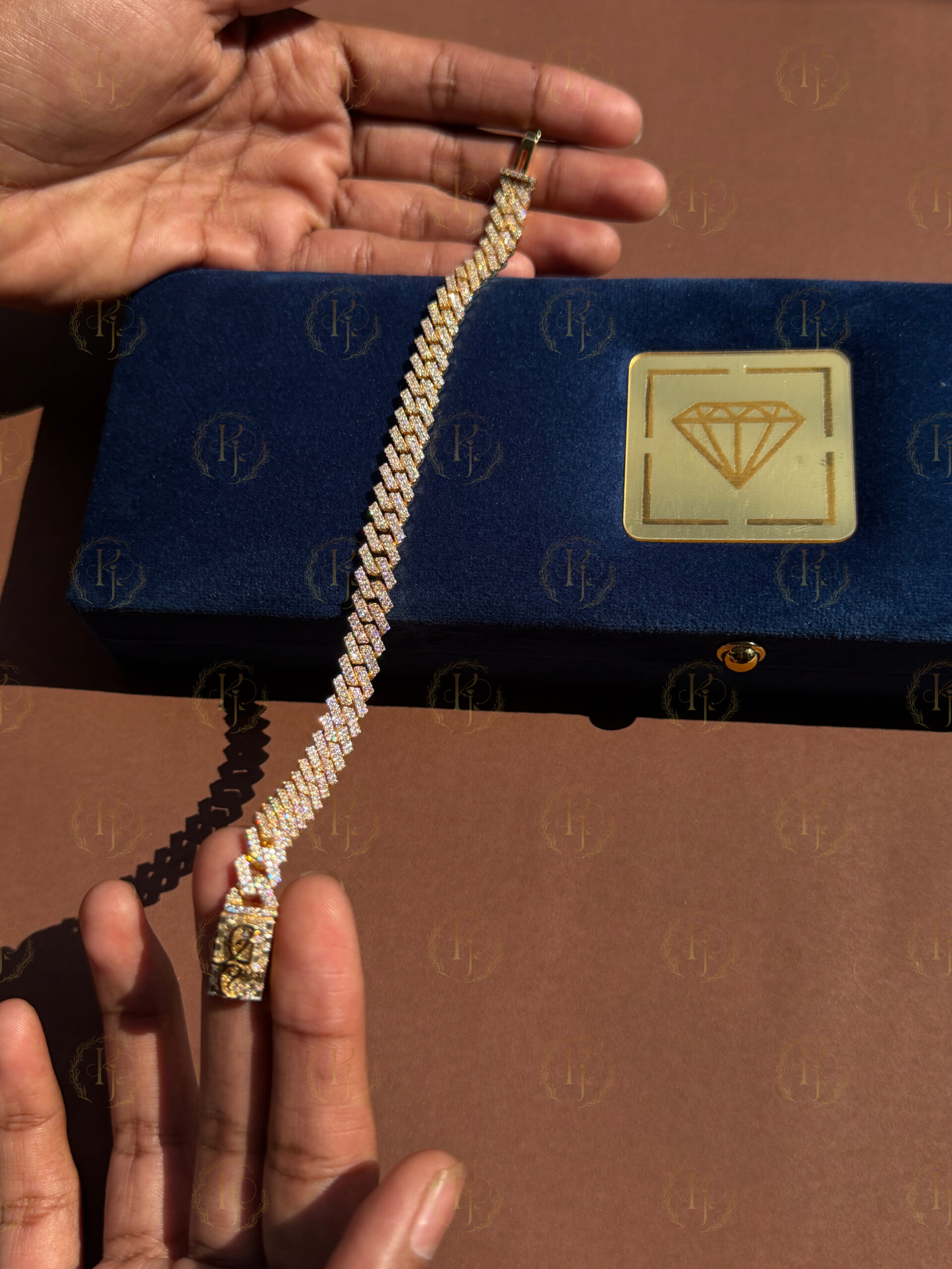 Custom Cuban bracelet with 10ct Real Gold and Moissanite Diamond and logo on lock - Image 6