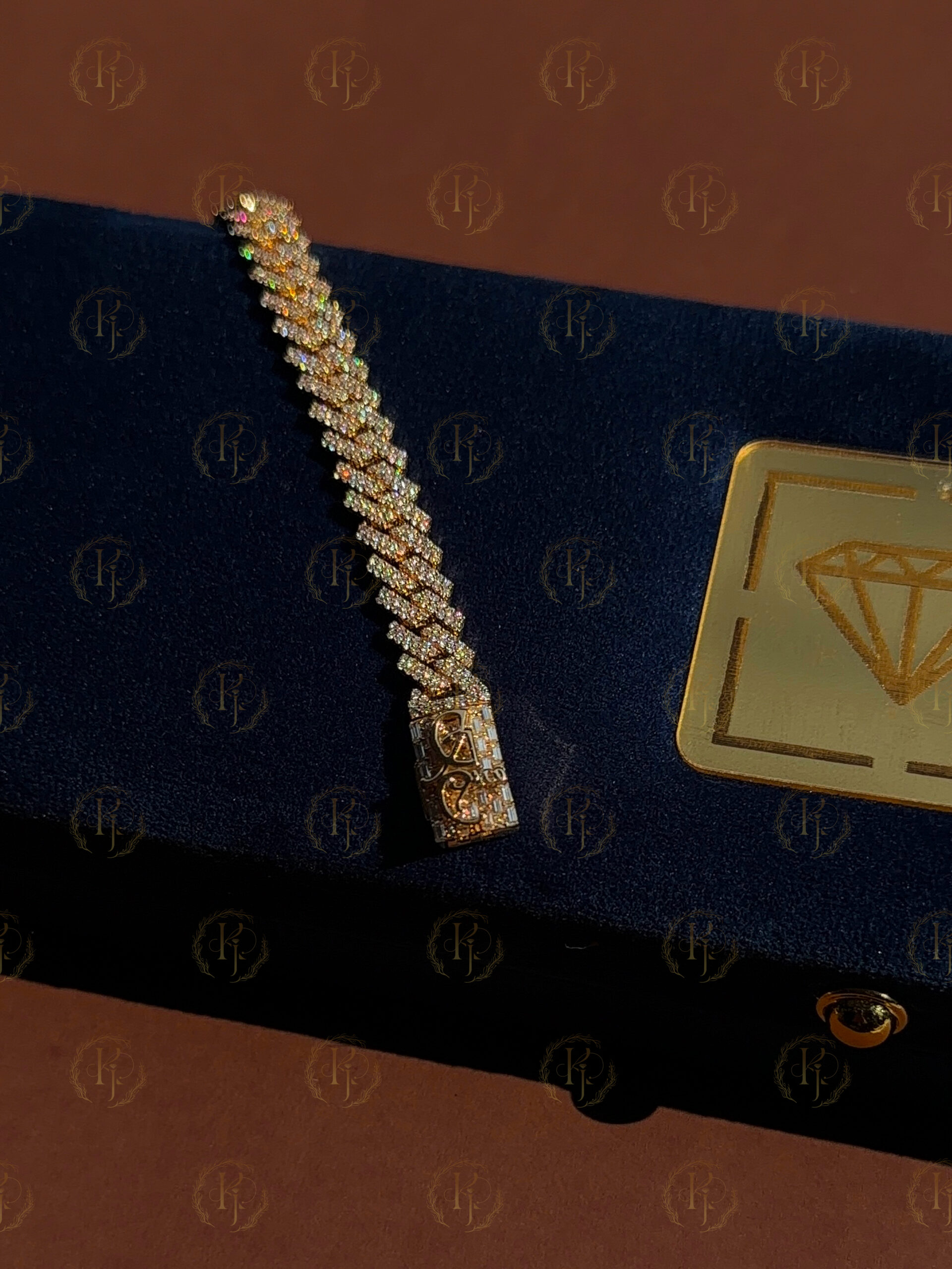 Custom Cuban bracelet with 10ct Real Gold and Moissanite Diamond and logo on lock - Image 7
